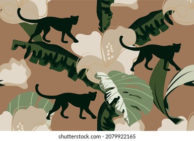 Patrón abstracto de la jungla. Silhouettes de panteras o leopardos sobre el fondo del follaje. Naturaleza, fauna, vegetación, flora y fauna. Imágenes para imprimir en tela. Dibujo vectorial plano de dibujos animados