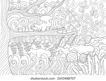 Abstract Jungle Scene with Squirrel and Oryx, Stylized line art illustration of a vibrant jungle ecosystem featuring a squirrel perched on a branch above a group of oryx-like animals amidst lush