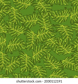 Abstract jungle seamless pattern with doodle monstera leaf elements. Green colored random greenery print. Flat vector print for textile, fabric, giftwrap, wallpapers. Endless illustration.