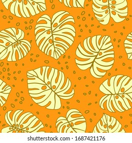 Selva abstracta de forma transparente con hojas de monstera. Ilustración natural dibujada a mano por vectores. Papel pintado tropical de verano, motivos decorativos a la moda. Diseño de la superficie en colores naranja, amarillo y marrón