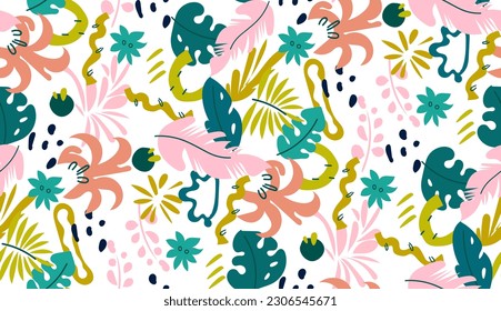 Abstract Jungle seamless pattern. A variety of tropical leaves. Flat vector illustration. Great for fabric, textile, wrapping paper, wallpaper. 