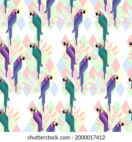 Abstract jungle! Seamless pattern Vector decorative illustration of a tropical parrot. Hand drawn art for poster, postcard, fabric, packaging, templates. EPS10