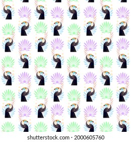 Abstract jungle! Seamless pattern. Vector decorative illustration of a tropical bird - toucan. Hand drawn geometric art for poster, postcard, fabric, packaging, templates. EPS10