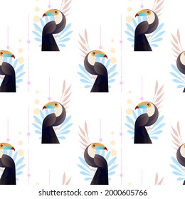 Abstract jungle! Seamless pattern. Vector decorative illustration of a tropical bird - toucan. Hand drawn geometric art for poster, postcard, fabric, packaging, templates. EPS10