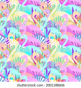 Abstract jungle! Seamless vector decorative illustration of tropical bird - pink flamingo. Hand drawn geometric art for poster, postcard, fabric, packaging, templates. EPS10