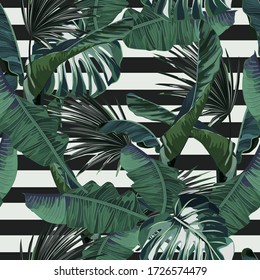 Abstract jungle summer background. Seamless striped tropical pattern with palm tree. Vector illustration. Vintage style. Retro print