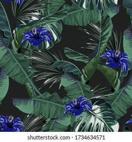 Abstract jungle summer background. Seamless floral  tropical pattern with palm tree and blue hibiscus. Vector illustration. Vintage style. Retro print