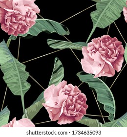 Abstract jungle summer background. Seamless striped tropical pattern with palm tree, peonies and gold elements. Vector illustration. Vintage style. Retro fashion print