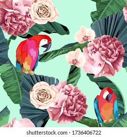 Abstract jungle summer background. Seamless striped tropical pattern with palm tree, peonies, rose, orchid and parrot. Vector illustration. Vintage style. Retro fashion print