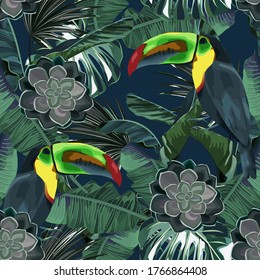 Abstract jungle summer background. Seamless floral  tropical pattern with toucan, palm tree and cactus. Vector illustration. Vintage style. Retro print