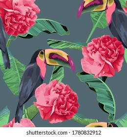 Abstract jungle summer background. Seamless  tropical pattern with palm tree, peonies and toucans. Vector illustration. Vintage style. Retro fashion striped print