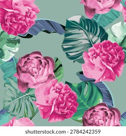 Abstract jungle summer background. Seamless  tropical pattern with palm tree, peonies. Vector illustration. Vintage style. Retro fashion print