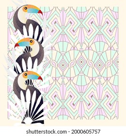 Abstract jungle! Vector decorative illustration of a tropical bird - toucan. Hand drawn geometric art for poster, postcard, fabric, packaging, templates. EPS10