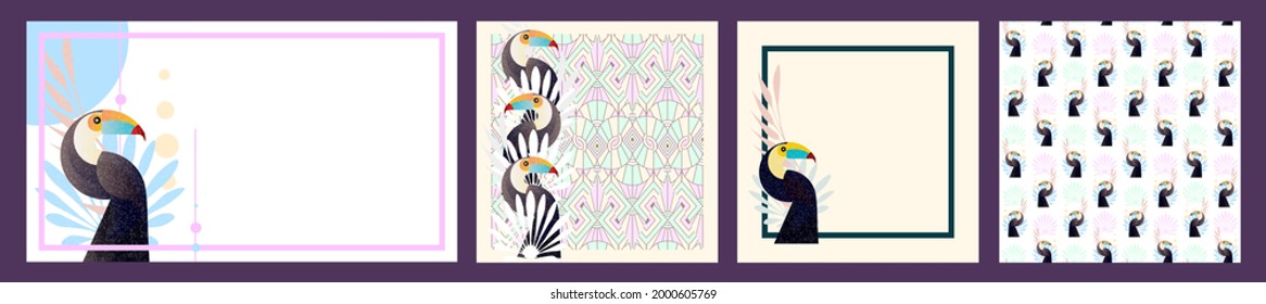 Abstract jungle! Vector decorative illustration of a tropical bird - toucan. Hand drawn geometric art for poster, postcard, fabric, packaging, templates. EPS10