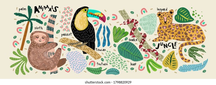 ¡La jungla abstracta! Ilustraciones vectoriales de animales (pereza, serpiente, leopardo, loro toucano), hojas, puntos, objetos y texturas. Arte dibujado a mano para afiche, tarjeta o fondo
 
