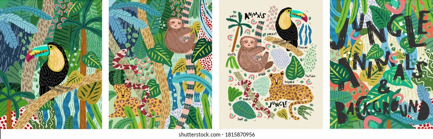 Abstract jungle! Vector illustrations of animals (sloth, snake, leopard, parrot toucan), leaves, spots, objects and textures. Hand-drawn art for poster, card or background
