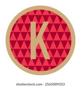 Abstract K letter design with a golden outline and a vivid red triangle-patterned background, ideal for showcasing innovation and artistic sophistication.