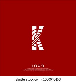 Abstract K logo letter in circle lines pattern design concept with red background