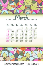 Abstract kaleidoscope background with eastern ornament and dates of spring month March 2017. Vector illustration