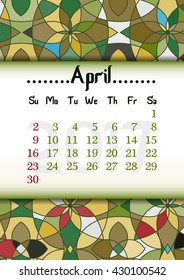 Abstract kaleidoscope background with eastern ornament and dates of spring month April 2017. Vector illustration