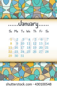 Abstract kaleidoscope background with eastern ornament and dates of winter month January 2017. Vector illustration