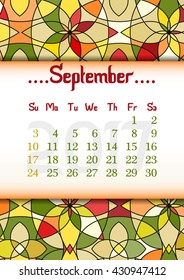 Abstract kaleidoscope background with eastern ornament and dates of autumn month September 2017. Vector illustration