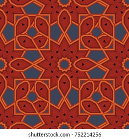 Abstract kaleidoscope background. Multicolor mosaic texture. Seamless texture in red, orange and blue colors. Beautiful vector kaleidoscope seamless pattern. Unique kaleidoscope design.