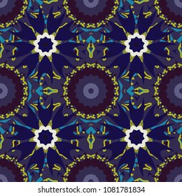 Abstract kaleidoscope background. Seamless texture in blue, brown and gray colors. Multicolor mosaic texture. Unique kaleidoscope design. Beautiful vector kaleidoscope seamless pattern.