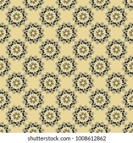 Abstract kaleidoscope background. Unique kaleidoscope design. Multicolor mosaic texture. Beautiful vector kaleidoscope seamless pattern. Seamless texture in black, beige and brown colors.