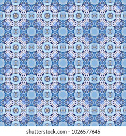 Abstract kaleidoscope background. Unique kaleidoscope design. Seamless texture in neutral, green and blue colors. Multicolor mosaic texture. Beautiful vector kaleidoscope seamless pattern.