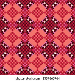Abstract kaleidoscope background. Unique kaleidoscope design. Multicolor mosaic texture. Seamless texture in red, pink and brown colors. Beautiful vector kaleidoscope seamless pattern.