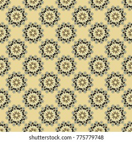 Abstract kaleidoscope background. Unique kaleidoscope design. Multicolor mosaic texture. Beautiful vector kaleidoscope seamless pattern. Seamless texture in black, beige and brown colors.