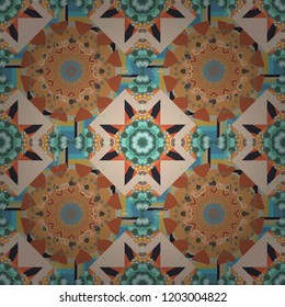 Abstract kaleidoscope beige, blue and orange background. Vector illustration. Bright flower. Seamless pattern illustration for design.
