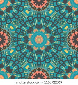 Abstract kaleidoscope brown, yellow and blue background. Seamless pattern illustration for design. Bright flower. Vector illustration.