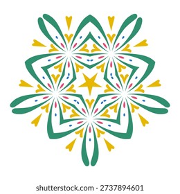 Abstract kaleidoscope floral pattern. Symmetrical vector ornament with a central star in green, yellow, pink, and blue