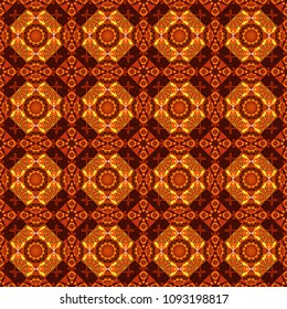 Abstract kaleidoscope orange, brown and red background. Seamless pattern illustration for design. Vector illustration. Bright flower.