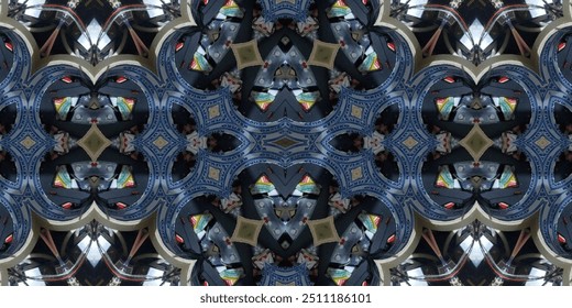 Abstraktes Kaleidoskop-Muster mit hellen abstrakten Formen, schönen mehrfarbigen Kaleidoskop-Texturen, ideal für digitale Kunst oder Drucke, sowie dynamische und einzigartige digitale Designs.