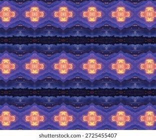 Padrão caleidoscópio abstrato inspirado por reflexões de paisagem noturna, design simétrico com cores brilhantes formando textura de fundo decorativa para conceitos artísticos e surreais.