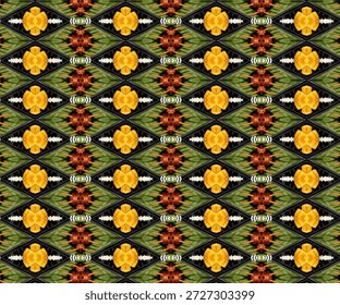 Padrão caleidoscópio abstrato inspirado por texturas da natureza com simetria e repetição, ideal para fundo abstrato, arte geométrica, design sem costura.