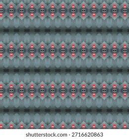 Abstract kaleidoscope pattern with symmetrical shapes in gray and red tones. Repeating ornamental background for modern digital design.