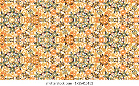 Abstract kaleidoscope seamless pattern. On white background. Useful as design element for texture and artistic compositions.
