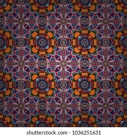 Abstract kaleidoscope with Star of Judah David, floral spiral effect and geometrical ornament. Orange, gray and brown flower kaleidoscope seamless pattern. Vector abstract background.