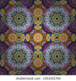 Abstract kaleidoscope with Star of Judah David, floral spiral effect and geometrical ornament. Vector abstract background. Gray, blue and purple flower kaleidoscope seamless pattern.
