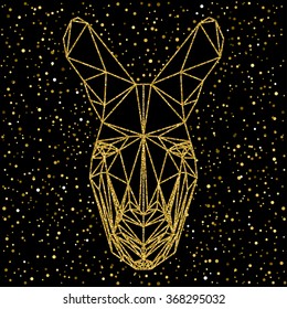 Abstract kangaroo. Golden kangaroo. Sparkle kangaroo. Glitter texture. Kangaroo portrait drawn in one continuous line for card, invitation, poster, banner, placard, book, sketch book, note book, book