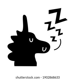 Abstract kawaii unicorn sleeping with smiling face and ZZZZ text as a decorative element for contemporary trendy design. Isolated black silhouette, vector illustration.