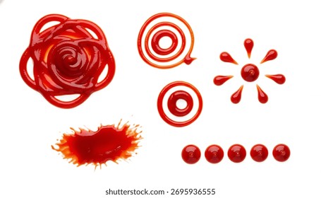 Splatters de ketchup abstrato e redemoinhos formando desenhos artísticos em um fundo branco.