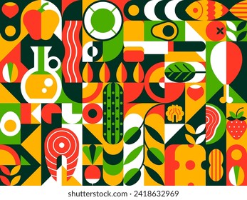 Abstract keto diet modern geometric pattern. Vector colorful tile with fatty and healthy natural products like oil, nuts, fish and eggs, meat, avocado and vegetable. Cheese, radish, bell pepper, olive