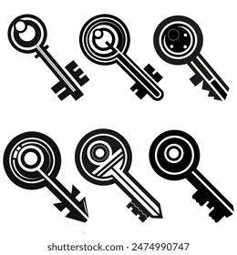 Abstract key designs. Six black and white. Geometric vector shapes. Modern graphic elements.