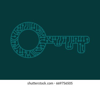 Abstract key to the door. Electronic circuit. Vector illustration