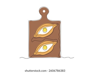 Abstract Khachapuri traditional food, Adjarian and Georgian dish. Baked bread with cheese and egg on the cutting board. continuous single one line art hand drawing sketch logo